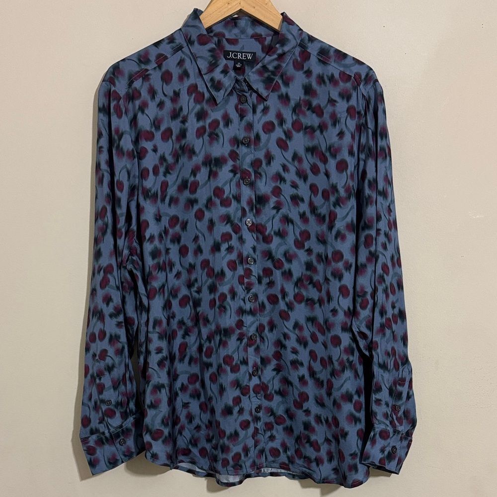 J.Crew Women’s Blue Cherry Print Button Down Shirt Size 3X Business Casual Fall